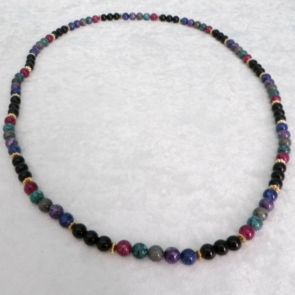 Multi-Color Agate Quartz Onyx Bead Strand Necklace Gold Color Daisy Spacers 31